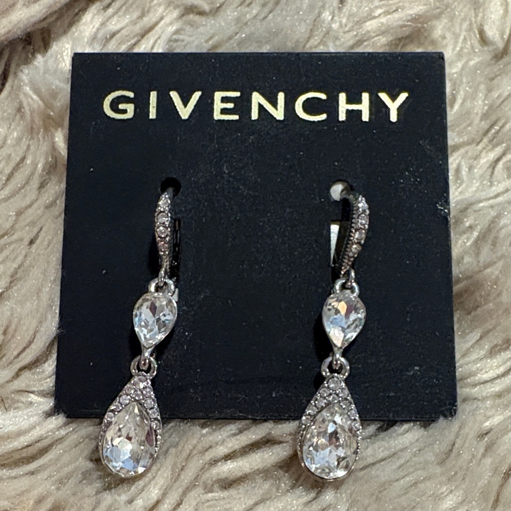 New Givenchy Clear Crystal Silvertone Dangle Earrings